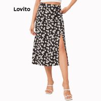 COD ㍿❒❉ qafh47 Lovito Casual Floral Print Soft Split Women Skirt L11D33 (Black)