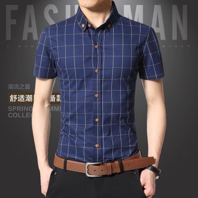 CODTheresa Finger M-5XL Men Summer Casual Solid Plaid Color Shirt Short Sleeve Business Slim Fit Men Kemeja blouse Korean Fashion Tops YoHomie