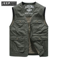 JEEP SPIRIT 1941 ESTD ฤดูใบไม้ผลิและฤดูใบไม้ร่วงชายเสื้อลำลองคอวีขนาดใหญ่เสื้อกั๊กเสื้อกั๊กหลายกระเป๋า