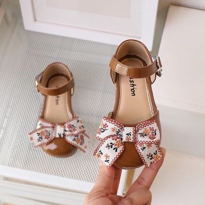 Childrens Girls Sandals Floral Print Bow 2023 New Breathable Round Toe Versatile Casual Kids Fashion Princess Shoes Japanese