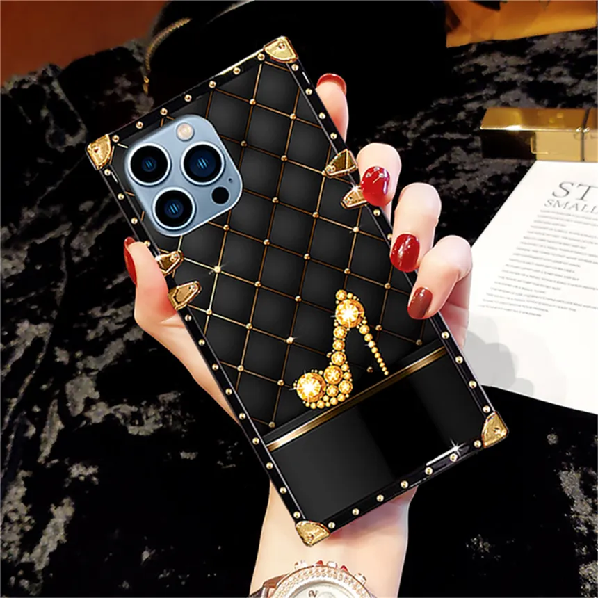 Designer Square Case Compatible with iPhone 11 for Women, Luxury Aesthetic  Classic Pattern Leather Back Cover Soft Frame Metal nameplate Cute Shiny