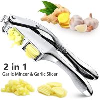 New Garlic Press Stainless Steel 2 in 1 Garlic Slicer Mincer Dual Function Garlic Crusher Handheld Squeezer Tool Kitchen Gadgets