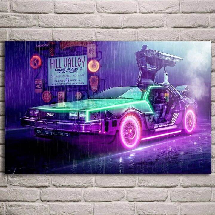 เรียกใช้รถ-delorean-dmc-กลับไปยังโปสเตอร์ที่สร้างแรงบันดาลใจโปสเตอร์ภาพยนตร์ในอนาคตศิลปะบนผนังห้องผ้าใบวาดภาพตกแต่งบาร์ที่บ้านห้องนอน