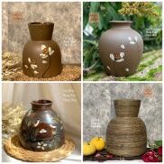 Bình gốm cắm hoa Bát Tràng dáng búp bê men nâu mộc lì vẽ thủ công hoa sen
