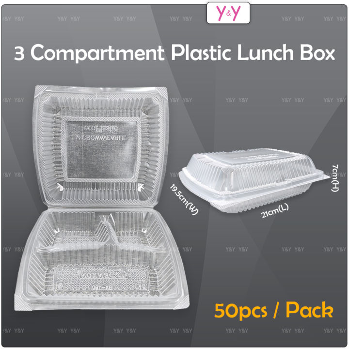 50pcs 3 Compartment Plastic Lunch Box Disposable Pp Food Box Take Away Plastic Container 