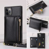 【Enjoy electronic】 Square Zipper Leather Crossbody Case For iPhone 14 13 11 Pro MAX XS XR X 8 7 Plus 12 Cover With Long Strap Card Holders Wallet