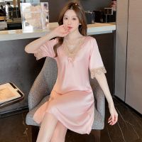 【 WYIN kitchen】 Jxgarb Spring Summer 【 WYIN kitchen】Satin And Lace Half Sleeve Womens Sexy Nightgowns Fashion Femme Knee Length Sweet Nightdress