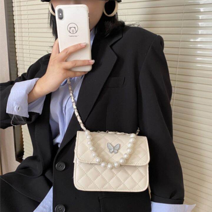 lilos-bags-กระเป๋าสะพายไหล่-หนังพรีเมี่ยม-กระเป๋าผู้หญิง-กระเป๋าแฟชั่น-กระเป๋ามุก-รูปแบบเพชร-กระเป๋าสะพายผีเสื้อ