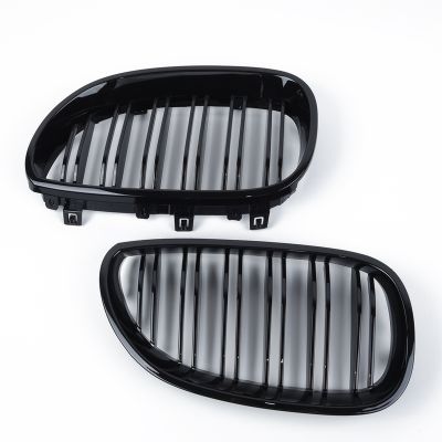 1คู่ด้านหน้าสีดำเงา Kidney Grill เตียงคู่เส้นคู่กระจังหน้าสำหรับ BMW E60 E61 5 Series 2003-2010อุปกรณ์เสริมรถยนต์ Coupe