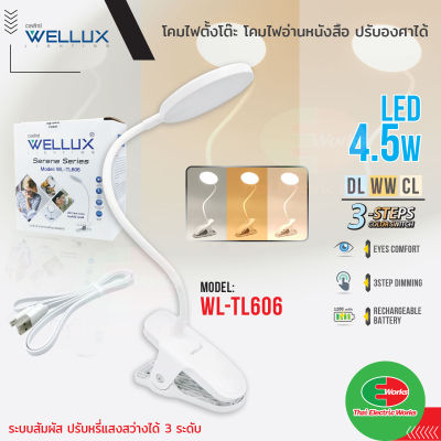 WELLUX โคมไฟอ่านหนังสือ โคมไฟตั้งโต๊ะ Led แบบหนีบ 4.5W ปรับแสงได้ 3 แสง 3 ระดับ LED Table Lamp เวลลักซ์ รุ่น 606  ไทยอิเล็คทริคเวิร์คออนไลน์ Thaielectricworks