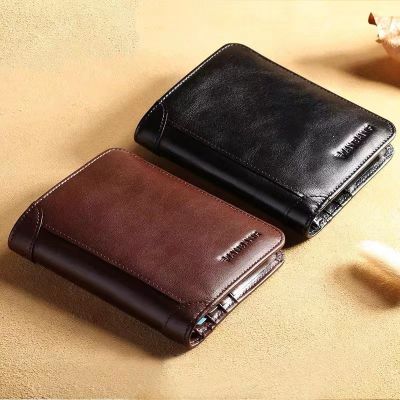 TOP☆Dompet Lelaki Anti RFID Card Holder Genuine Leather Wallet Men Original Fashion Short Vertical Trifold Wallet for Men Black Coffee Color