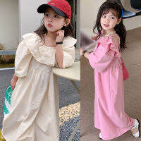 Oyamerbaby 2-8Years สาว J Umpsuit สีทึบสแควร์คอแขนสั้นเปลือยหลวมกางเกงขากว้างหลวม