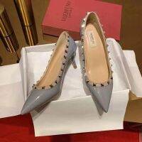 2022 ValentinoˉSpring Womens Pointed Toe Versatile Temperament Stiletto Patent Leather Womens Rivet High Heels