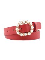 【CW】 2022 Fashion Pearl Decorative Belt Round Pin Buckle Pearl Belts Women 39;s Casual Solid PU Leather Ladies Thin Jeans Dress Belts