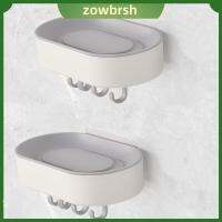 ZOWBRSH 2Pcs กับท่อระบายน้ำ จานสบู่ ไม่มีการเจาะ พร้อมตะขอ6อัน กล่องใส่สบู่ ใช้งานได้จริง อุปกรณ์ติดผนัง ที่วางสบู่ ฝักบัวห้องน้ำห้องครัว