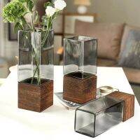 Vases Creative Simple Wooden Base Handmade Glass Vase Straight Cylinder Primary Household Decoration Porch Table Flower Arranger