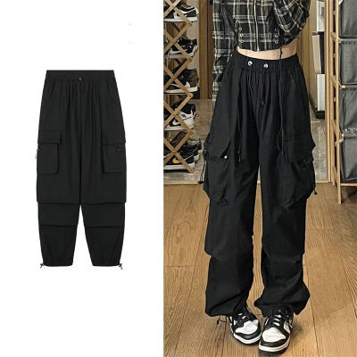 กระเป๋าวินเทจกางเกงคาร์โก้ Drawstring เอวสูง Streetwear ฮาราจูกุถุงกางเกงขากว้างผู้หญิง Y2k แฟชั่นเกาหลีกางเกง