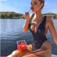 Womens pencil skirt round collar of autumn new fund hollow out set auger fishnet dress