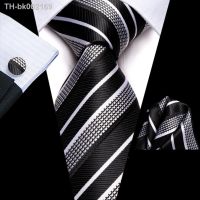 ۩◆ Hi-Tie Designer Black White Striped Silk Wedding Tie For Men Handky Cufflink Gift Men Necktie Fashion Business Party Dropship