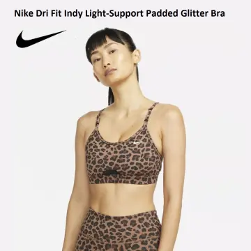 Nike Training Dri-FIT Indy glitter leopard print light support sports bra  in brown