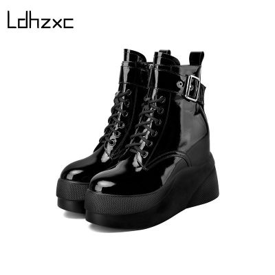 LDHZXC Genuine Leather Black High Platform Boots Women Fashion Women Lace-up High Heeled Sole Ankle Boots Ladies