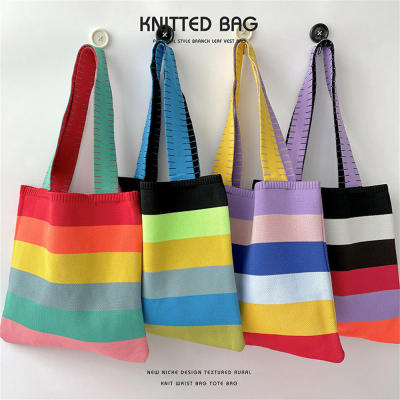 Knitted Tote Bag New Shopping Bag Out Bag Original Design Knitted Shoulder Bag Stripes Handbag Rainbow Handbag