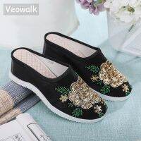 Veowalk ส้นรองเท้าแบบซ่อนได้ปักเลื่อมแวววาวสำหรับผู้หญิง,รองเท้าแตะผู้หญิงแบบเปิดปลายเท้าสีดำขาว