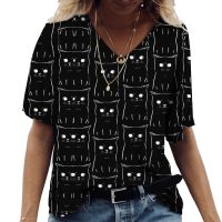 COD dsdgfhgfsdsss WomenS T-Shirt Summer V-Neck Tshirts Cartoon Cat Print WomenS Vintage Tshirt Short-Sleeved Tops Abstract Pullover Casual Shirt