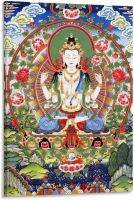 สีน้ำเงินเข้มสี่แขน Avalokitesvara โปสเตอร์ศิลปะทางศาสนาของราชวงศ์ถัง1ผ้าใบวาดภาพศิลปะบนผนังโปสเตอร์สำหรับตกแต่งห้องนั่งเล่นห้องนอน