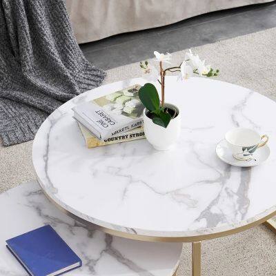 2 In 1 Marble Texture Coffee Table Living Room Sofa Side Round Tea Desk Combination Home Furniture Metal Bracket Mesa Furniture