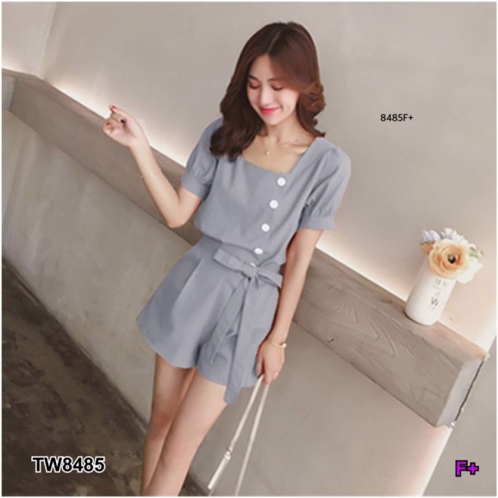 tw8485-set-2ชิ้น-เสื้อคอเหลี่ยมติดกระดุม-กางเกงผูกโบว์