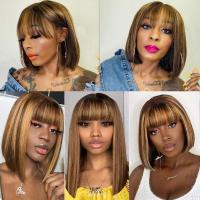 Short Bob Highlight Human Hair Wig With Bangs Brazilian Ombre Colored Honey Blonde Fringe Human Hair Bob Wigs for Black Women