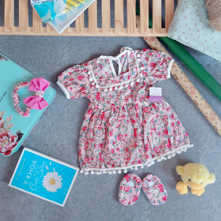 Set đầm bé gái hoa cỏ mùa xuân cho bé 3-6 tháng tuổi, form ...