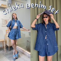 NEW HOT ? Chieka Denim Set เสื้อเชิ้ต เดนิม ยีนส์ กางเกงเอวสูง ขาสั้นเอวสูง y2k ดอกเดซี่ daisy