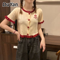 Du Yan เสื้อคาร์ดิแกนถักแขนสั้นสำหรับผู้หญิงปักลายมีหูเสื้อบางใส่พอดีเสื้อเอวลอย