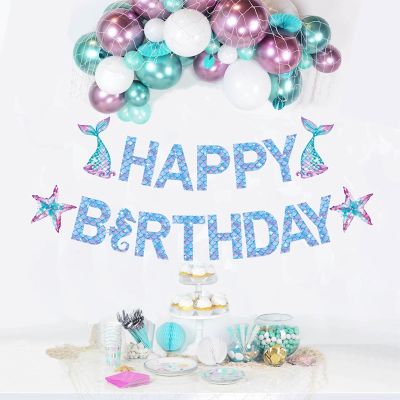 ❈☁ Happy Birthday Banners Mermaid Theme Party Decorations Supplies Kids Girl Birthday Under The Sea Hanging Flag With Ropes Decor