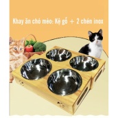 Khay ăn chó mèo băng gỗ siêu cứng chống nước 2 chén inox 3 size Khay kèm