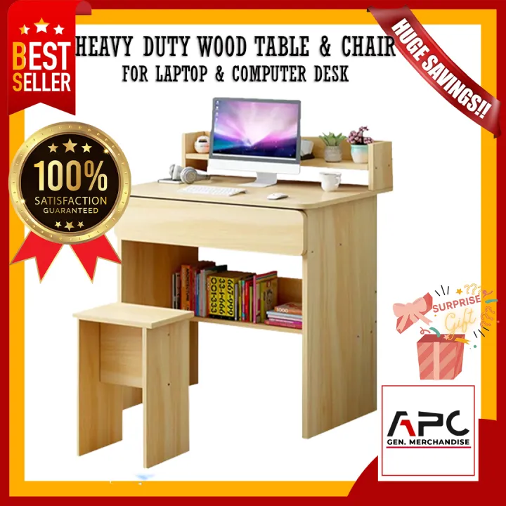 APC. Wooden Computer Table Wood With Chair Laptop Table Light Brown