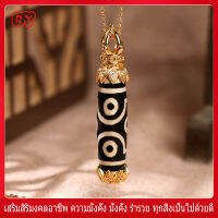 RY-นำเข้าจากทิเบต ดอกบัว เก้าตา Dzi Bead สร้อยคอ ฝังด้วยเพชรเทียม สร้อยคอโมรา เคลือบทอง 18k