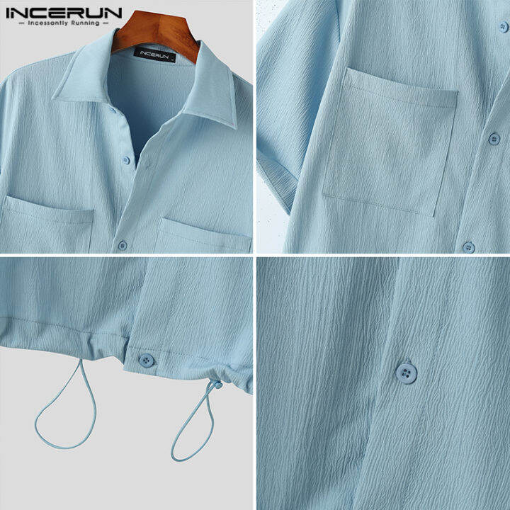 incerun-เสื้อเบลาส์เสื้อเชิ้ตที่มีน้ำหนักเบามีเชือกผูกสำหรับใส่สบายเก็บเอวผู้ชายแขนสั้น-สไตล์เกาหลี