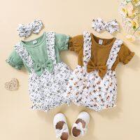 COD DSFERTEREERRE Ready stock baju baby Girl Clothes 3 6 12 Months Baby Girls Floral Fake 2 Pcs Jumpsuit/婴儿连体衣