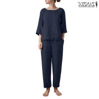 COD SDFGDERGRER ZANZEA Women Linen Cotton Casual Three Quarter Sleeve Solid Color Side Pockets Pajamas Set