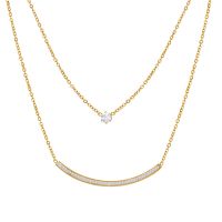 High Polished Double Layer 18K Gold Plated Stainless Steel CZ Zirconia Smile Curved Bar Pendant Necklace For Women