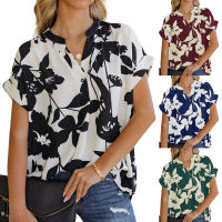 【cw】 Cross-Border Europe and America 2022 Summer New Womens Loose Printed Short Sleeve V Collar Button Chiffon Shirt