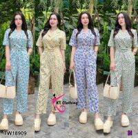 J18909 จั๊มสูทปกสูทขายาว ลายดอกไม้ +เข็มขัด Long jumpsuit with collar, floral pattern + belt