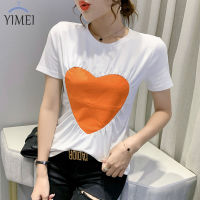 YIMEI 2023ฤดูร้อนใหม่แฟชั่นคอกลมสามมิติเสื้อยืด Love ผู้หญิง Western สไตล์แขนสั้นเข้ารูปพอดีเสื้อคอตตอน