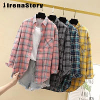 IRENASTORY ชุดเดรสผู้หญิง,เสื้อโค้ตทรงหลวมเสื้อเชิ้ตลายสก๊อตลำลองแขนยาวทรงหลวมเสื้อนักเรียนย้อนยุคฤดูใบไม้ผลิและเวอร์ชั่นเกาหลีใหม่ฤดูใบไม้ร่วง