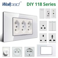 Wallpad DIY กระจกนิรภัยสีขาวแผงสวิทช์ไฟผนัง EU UK อิตาลีบราซิลซ็อกเก็ตรวมกันฟรี 118*75 มม.กรอบโมดูลเท่านั้น-Lusjeh