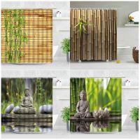 Zen Green Bamboo Buddha Shower Curtain Landscape Water Candle Stone Lotu Plant Garden Scenery Waterproof Bathroom Curtain Screen