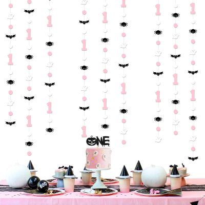 JOLLYBOOM The Spooky One Birthday Decorations For Girls Pink And Black Orange Halloween Theme Hanging Garland Kit With Bats And Spiders Halloween Theme 1st Birthday Party Decorations